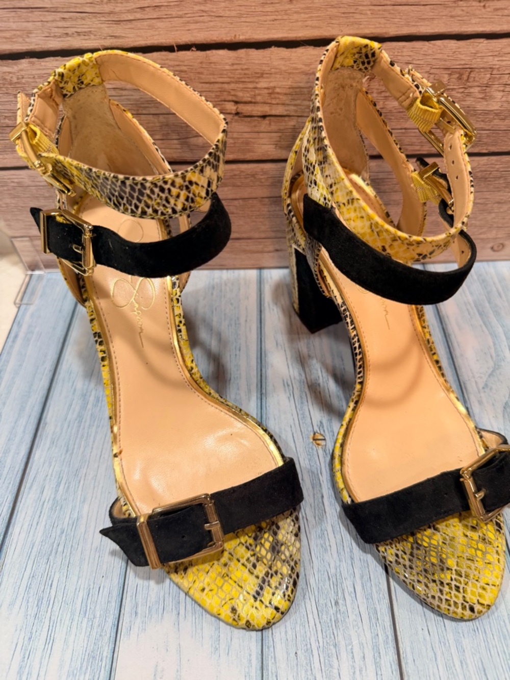Jessica Simpson Yellow Snake-Print Block Heels with Black Suede Straps